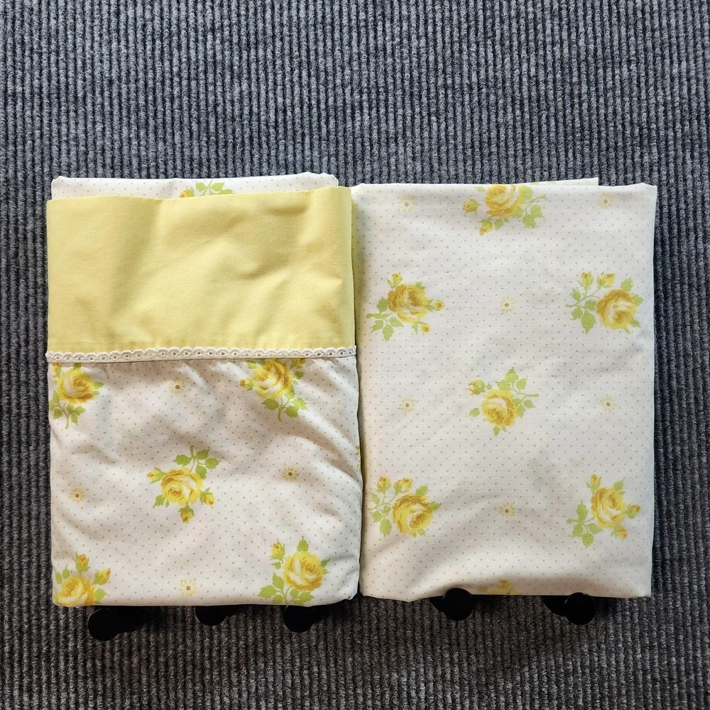 Vintage Wamsutta Yellow Rose Floral Sheet Set Double Flat Fitted‎ Ultra Percale
